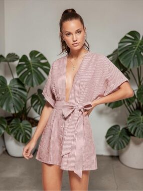 Reformation Women’s Linen Cecilia Kimono Style Dress Red/White Stripe Size 2